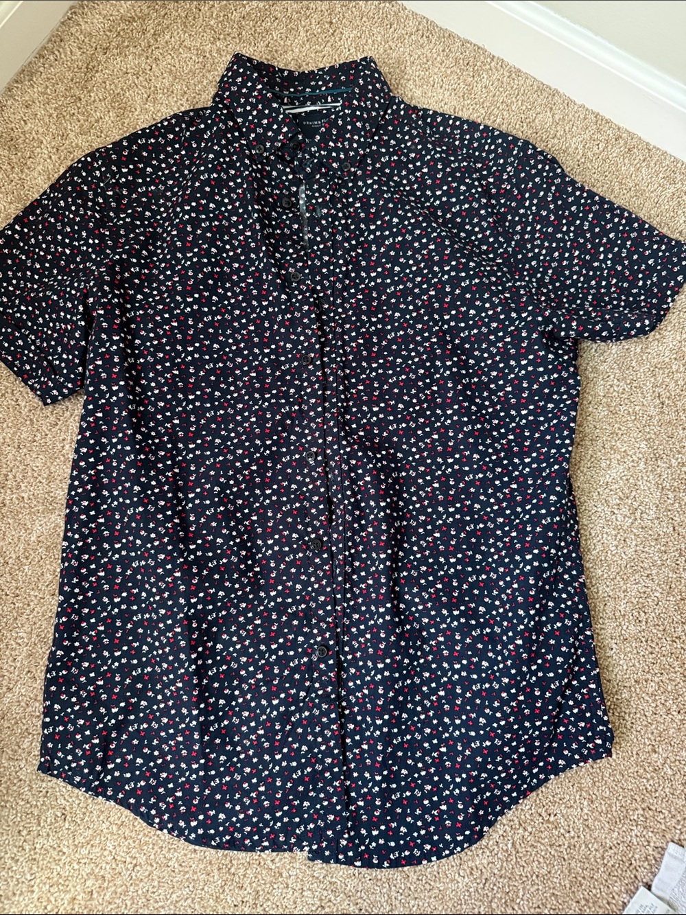 Denim & Flower Navy Short-Sleeve Button-Down with Red & White Micro Floral Print